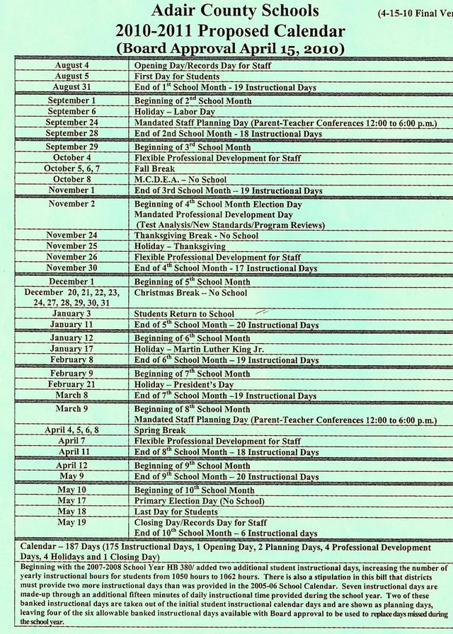 2010-2011 Adair County School Calendar on ColumbiaMagazine.com