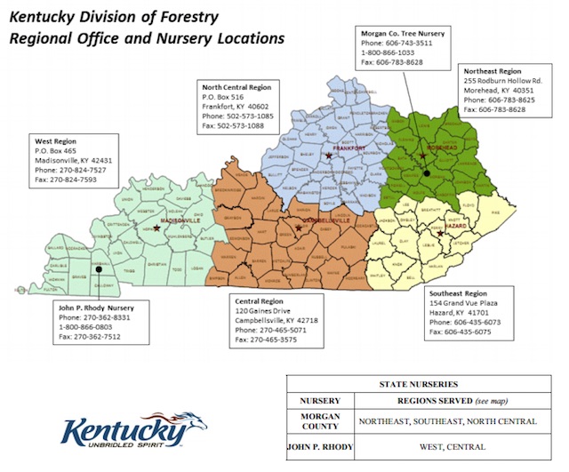 Kentucky Division of Forestry Regional Office and Nursery Locations on