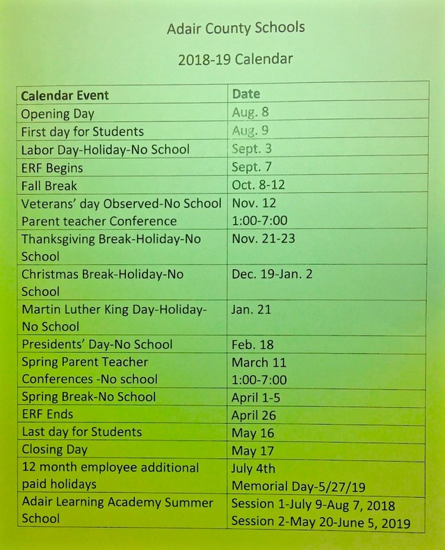 2018-19 Adair School District Calendar in Brief on ColumbiaMagazine.com